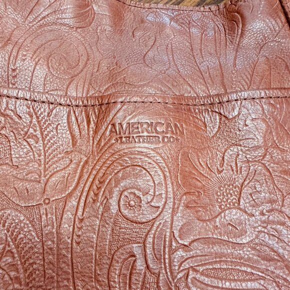American Leather Co Handbag Shoulder Purse Brown Tooled Leather Bag Pockets - Picture 2 of 16